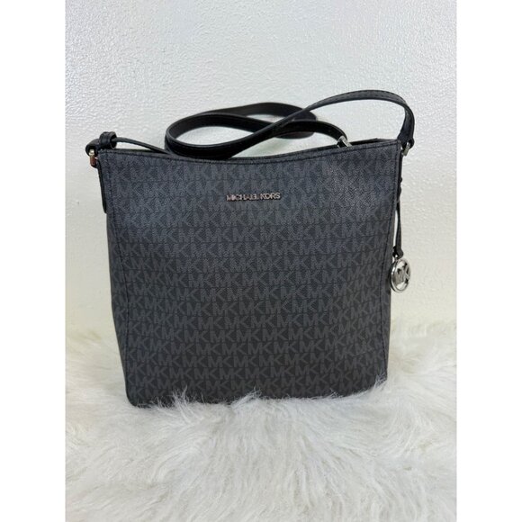 Michael Kors Jet Set Travel Large Messenger Bag Logo-Print Canvas Black/Silver - Picture 3 of 16